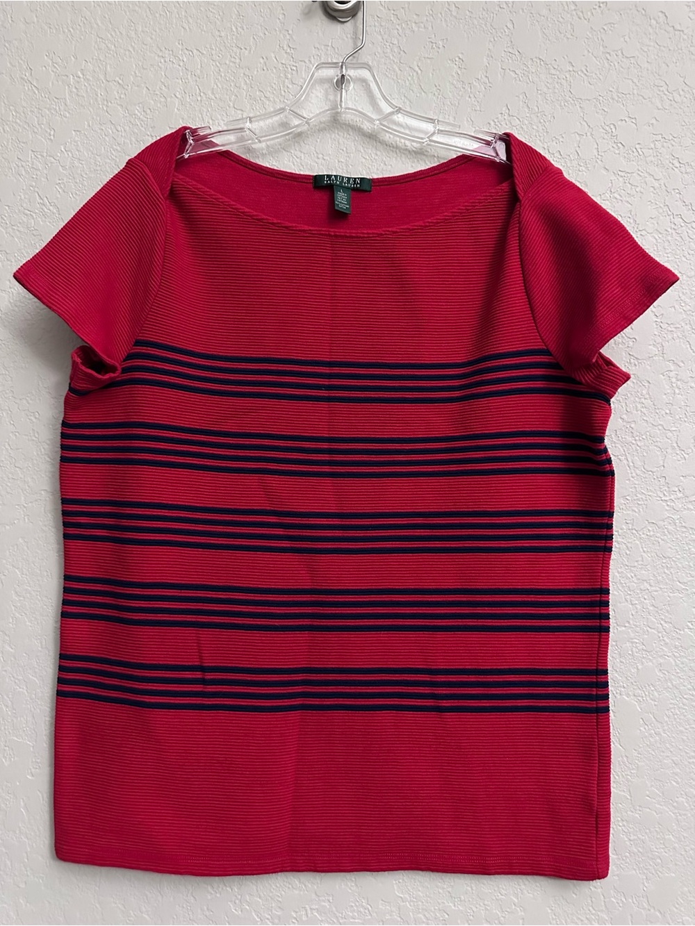 RALPH LAUREN Red Navy Blue Striped Ottoman Stitched Top Size Large 100% Cotton